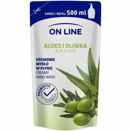 SAMCHEM Mydło kremowe Aloes & Oliwka refill 500 ml On Line Mydła toaletowe Mydło w płynie ON LINE Aloes i Oliwka to kremowa 